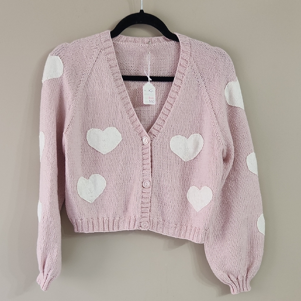 NEW Handmade Pink Heart Patterned Crop Sweater